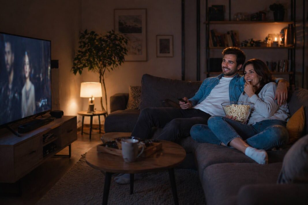 Coppia guarda la tv seduta sul divano