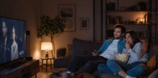 Coppia guarda la tv seduta sul divano