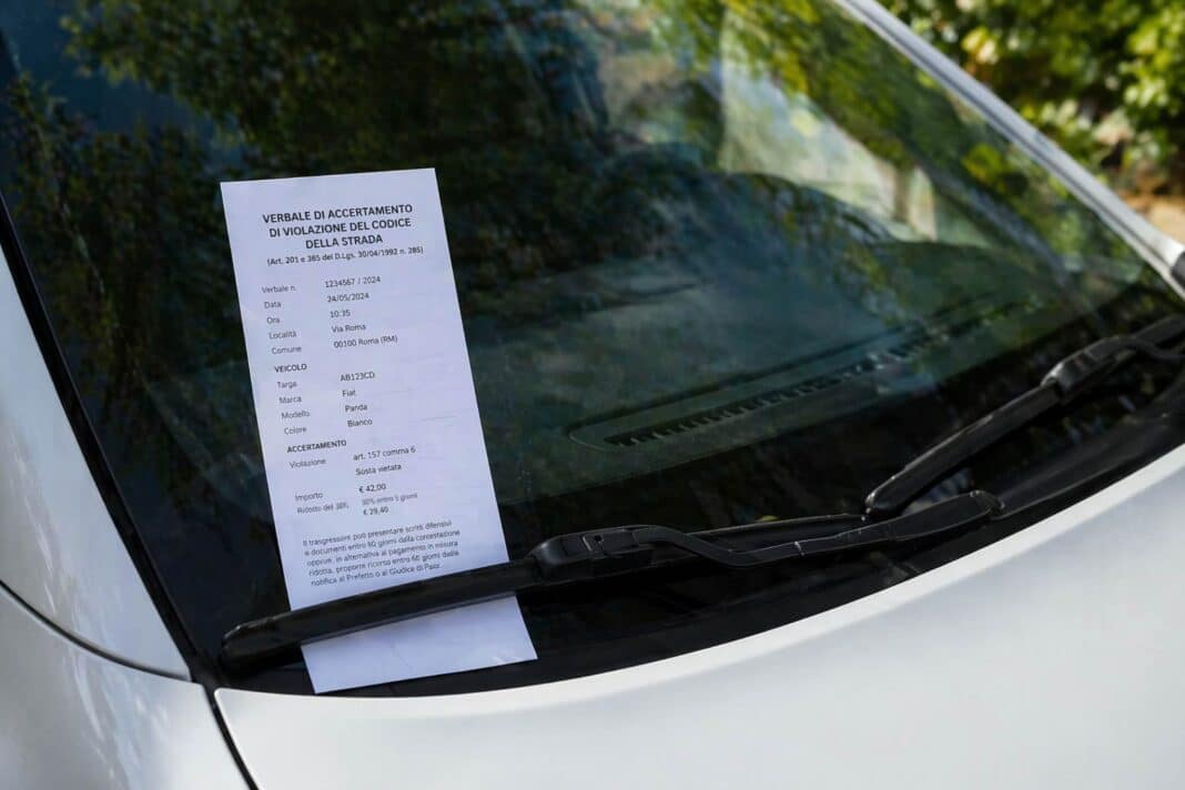 parabrezza di un auto con una multa poggiata sopra