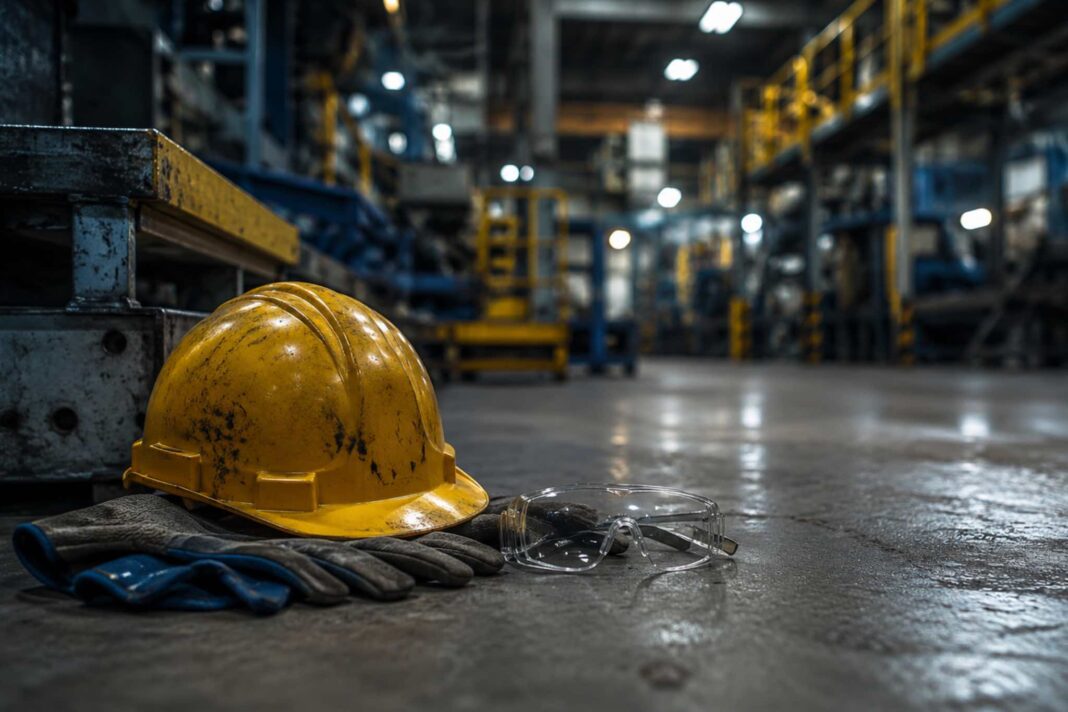 elmetto da lavoro e giubbotto catarifrangente in primo piano, sullo sfondo un cantiere