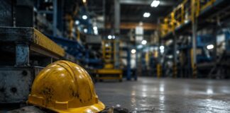 elmetto da lavoro e giubbotto catarifrangente in primo piano, sullo sfondo un cantiere