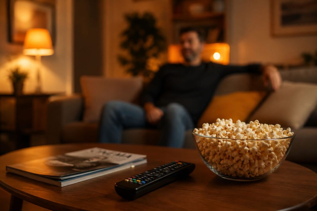 ciotola di popcorn e un telecomando in primo piano su un tavolino da salotto. sullo sfondo una persona è seduta sul divano, guarda la tv