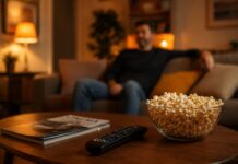 ciotola di popcorn e un telecomando in primo piano su un tavolino da salotto. sullo sfondo una persona è seduta sul divano, guarda la tv