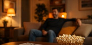 ciotola di popcorn e un telecomando in primo piano su un tavolino da salotto. sullo sfondo una persona è seduta sul divano, guarda la tv