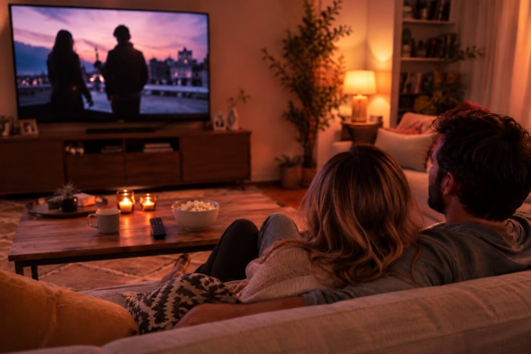 coppia guarda la tv accoccolata sul divano
