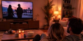 coppia guarda la tv accoccolata sul divano